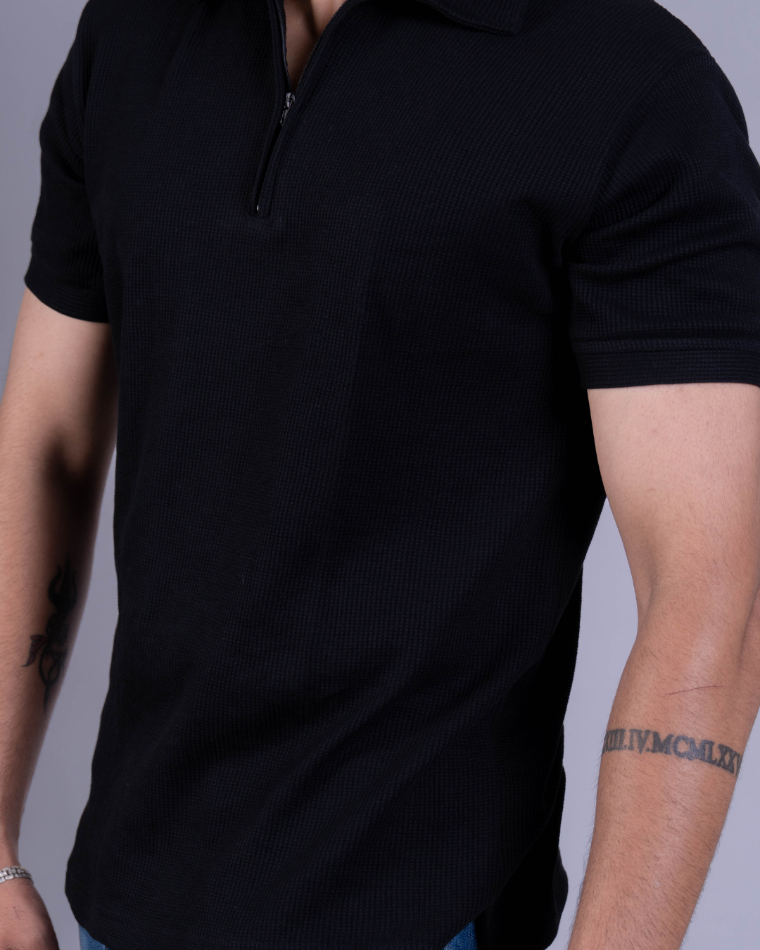 Black Textured Zipper Waffle Polo T Shirt