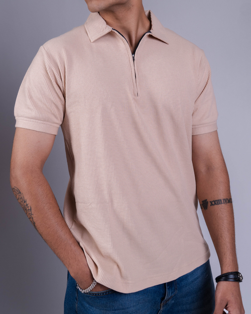 Beige Textured Zipper Waffle Polo T Shirt