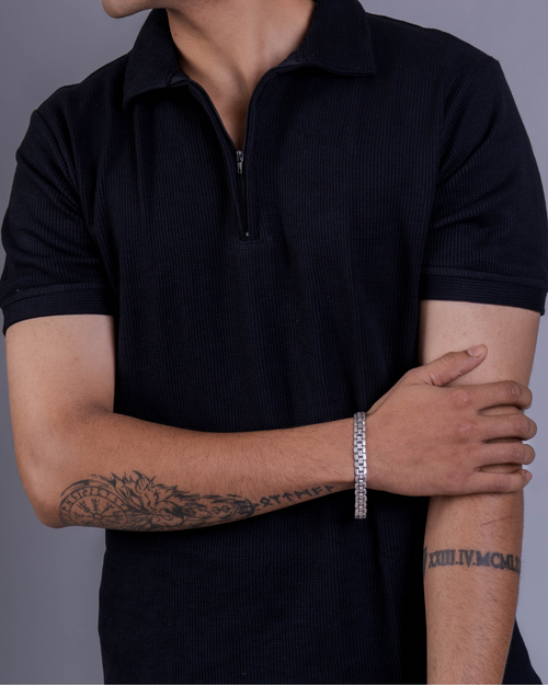 Black Textured Zipper Waffle Polo T Shirt