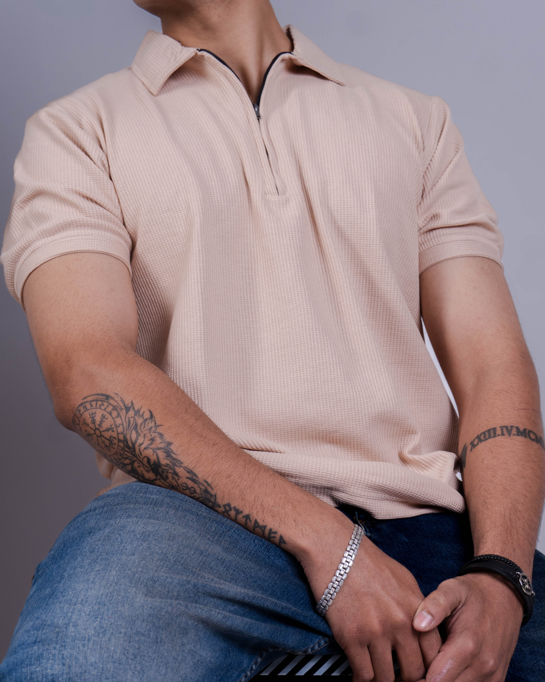Beige Textured Zipper Waffle Polo T Shirt