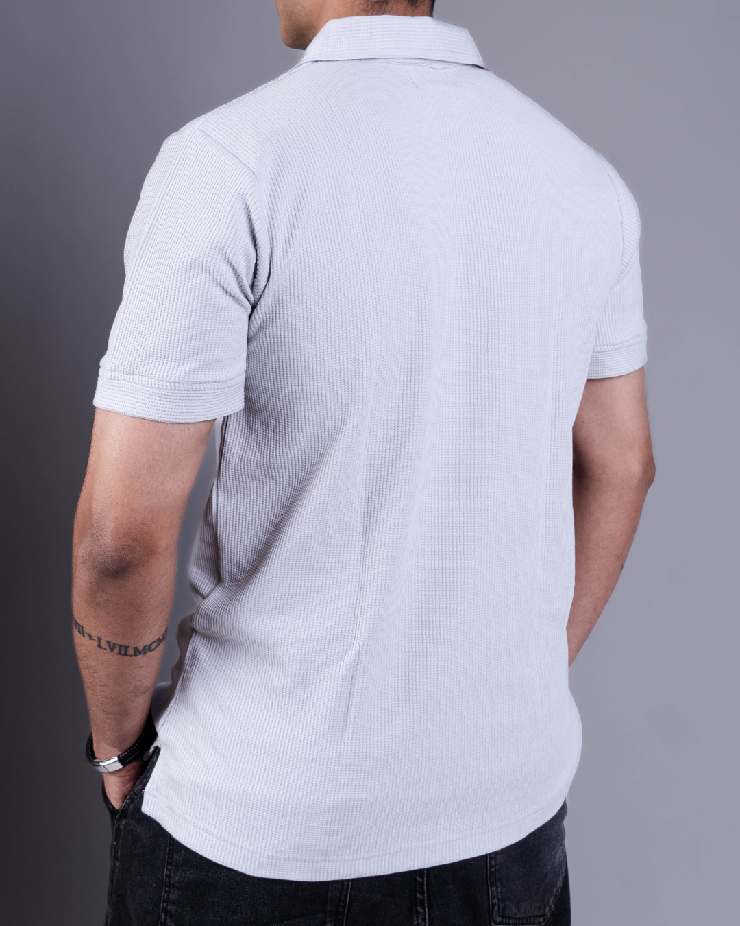 Grey Textured Zipper Waffle Polo T Shirt
