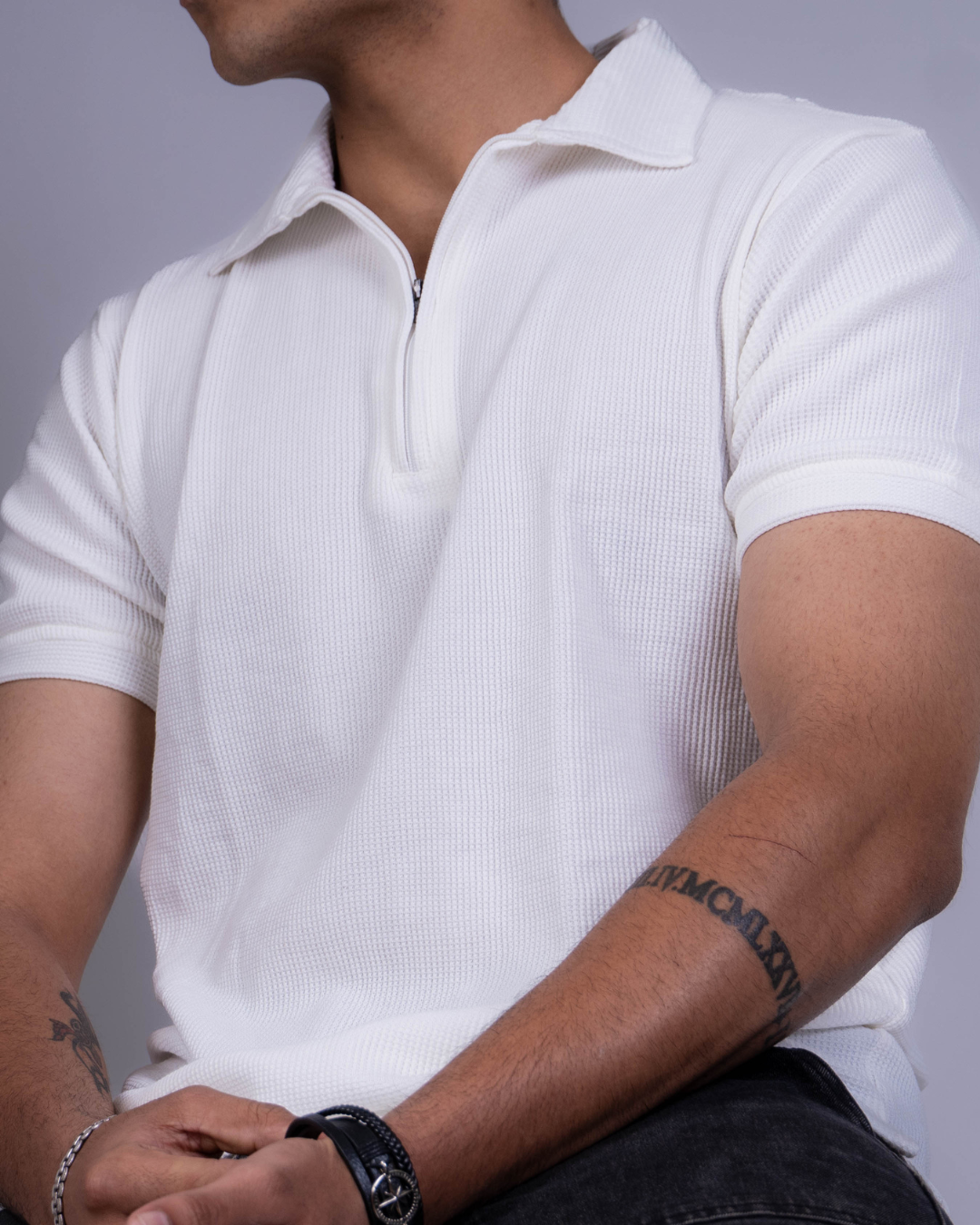 White Textured Zipper Waffle Polo T Shirt