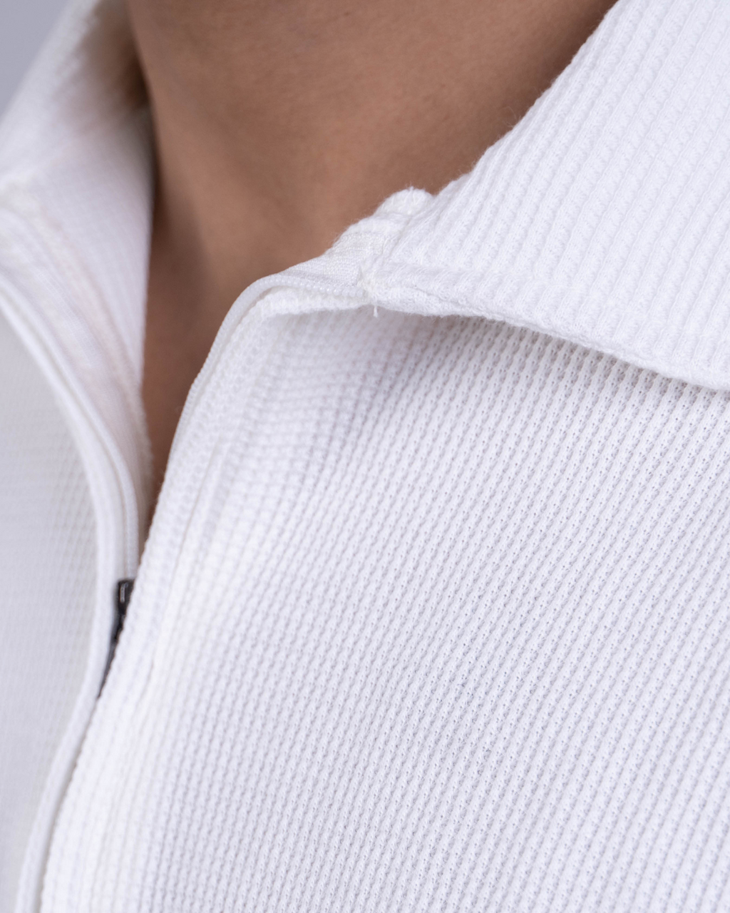 White Textured Zipper Waffle Polo T Shirt