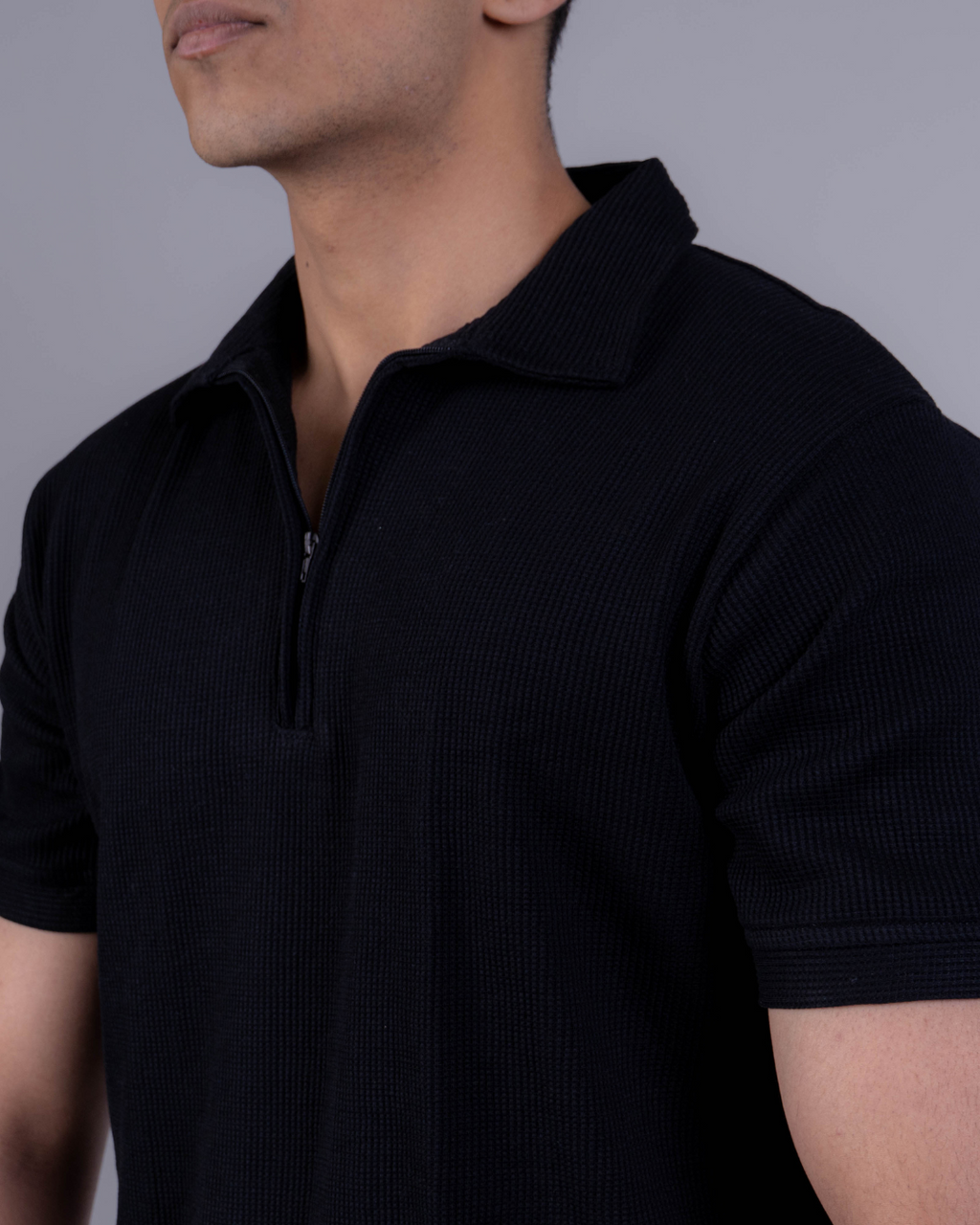 Black Textured Zipper Waffle Polo T Shirt