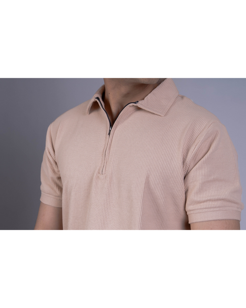 Beige Textured Zipper Waffle Polo T Shirt