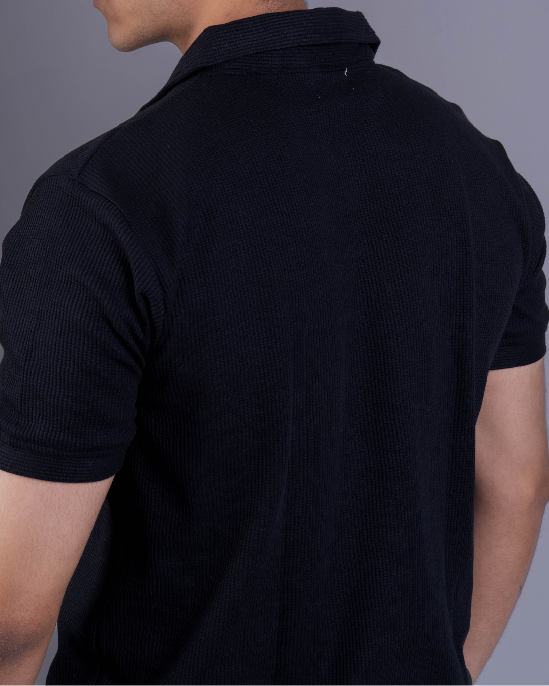 Black Textured Zipper Waffle Polo T Shirt