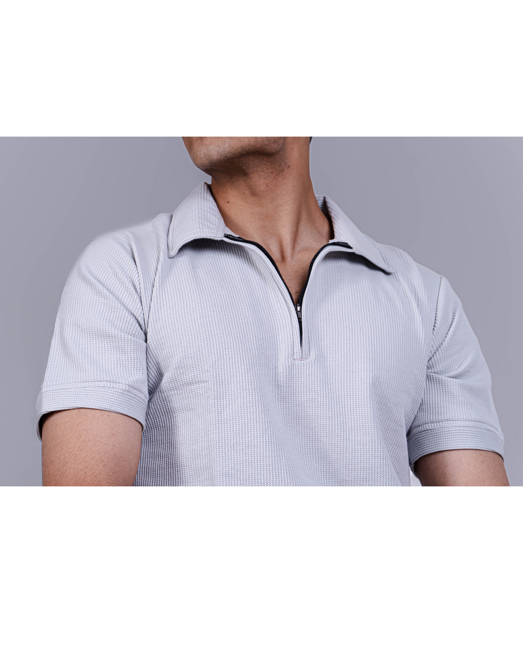 Grey Textured Zipper Waffle Polo T Shirt
