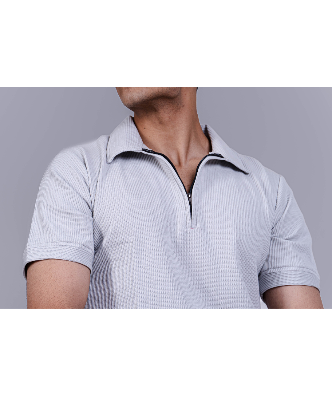 Grey Textured Zipper Waffle Polo T Shirt