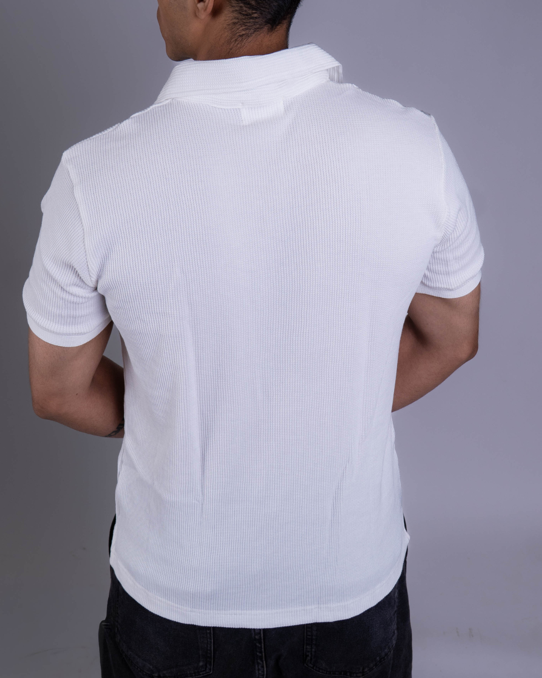 White Textured Zipper Waffle Polo T Shirt