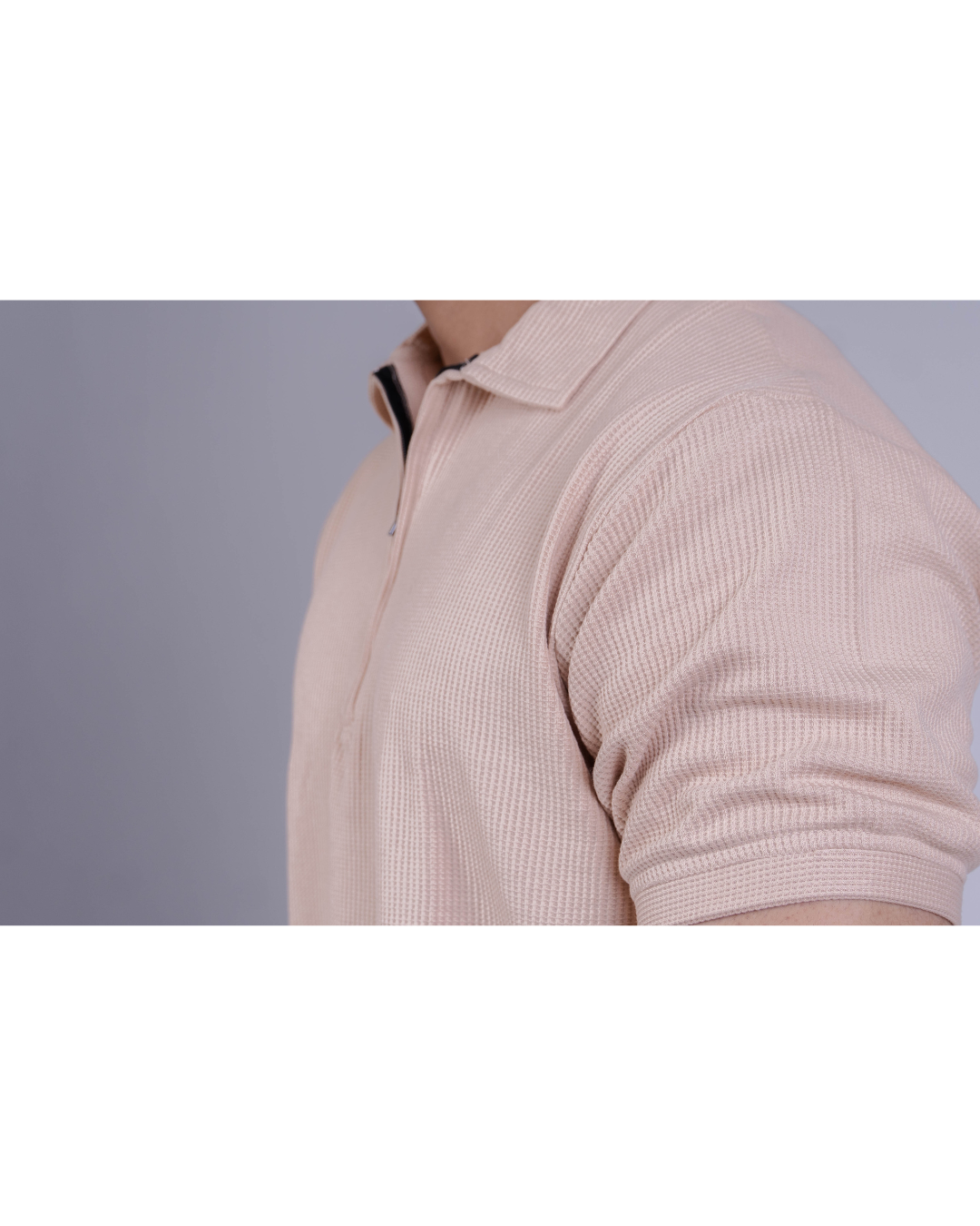 Beige Textured Zipper Waffle Polo T Shirt