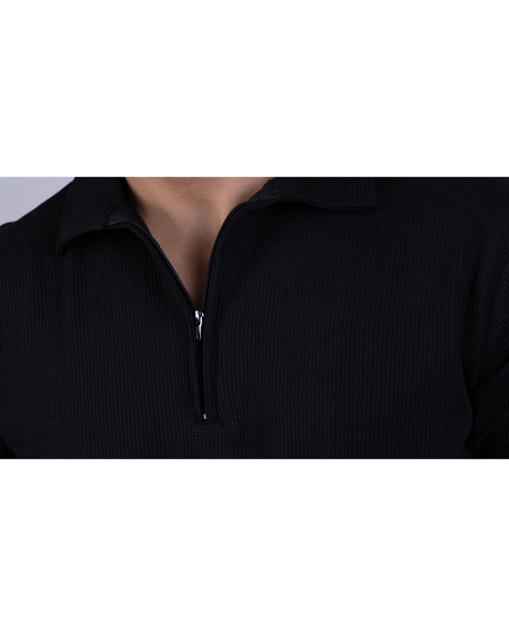 Black Textured Zipper Waffle Polo T Shirt